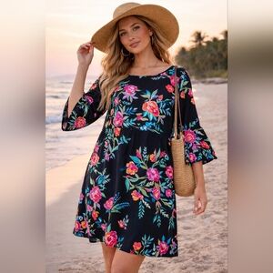 George Black Floral Tunic Dress Viscose 3/4